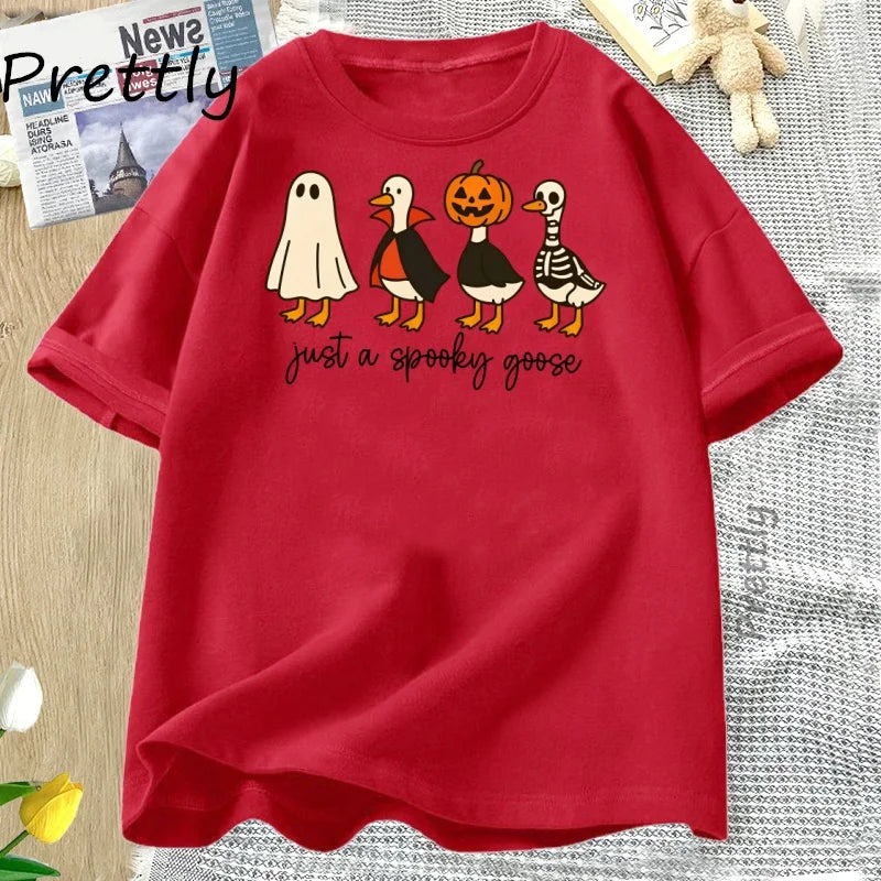 Just A Spooky Goose Tshirt Funny Halloween Goose T-Shirt Cute Horror Short Sleeve Tee Shirt Cotton Short Sleeve Graphic T Shirts