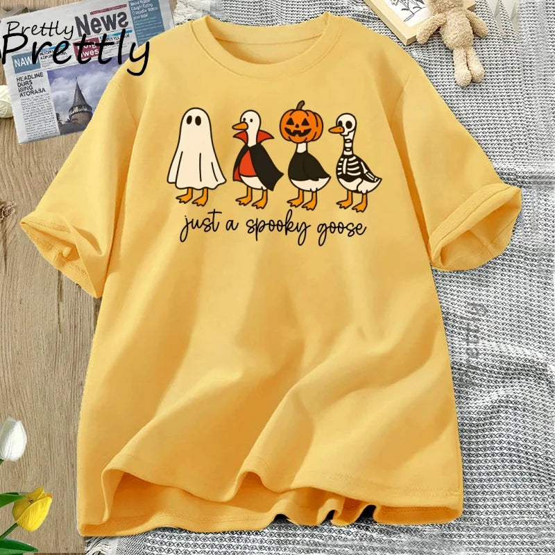 Just A Spooky Goose Tshirt Funny Halloween Goose T-Shirt Cute Horror Short Sleeve Tee Shirt Cotton Short Sleeve Graphic T Shirts