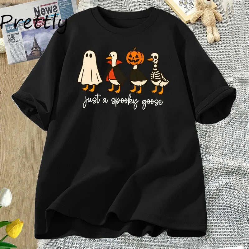 Just A Spooky Goose Tshirt Funny Halloween Goose T-Shirt Cute Horror Short Sleeve Tee Shirt Cotton Short Sleeve Graphic T Shirts