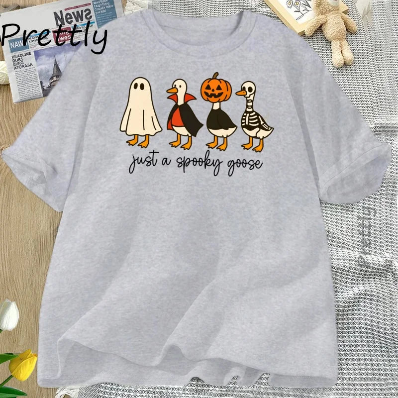 Just A Spooky Goose Tshirt Funny Halloween Goose T-Shirt Cute Horror Short Sleeve Tee Shirt Cotton Short Sleeve Graphic T Shirts