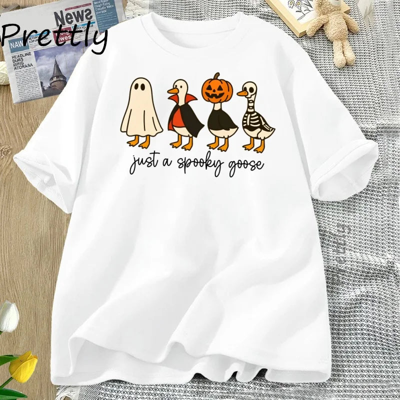 Just A Spooky Goose Tshirt Funny Halloween Goose T-Shirt Cute Horror Short Sleeve Tee Shirt Cotton Short Sleeve Graphic T Shirts