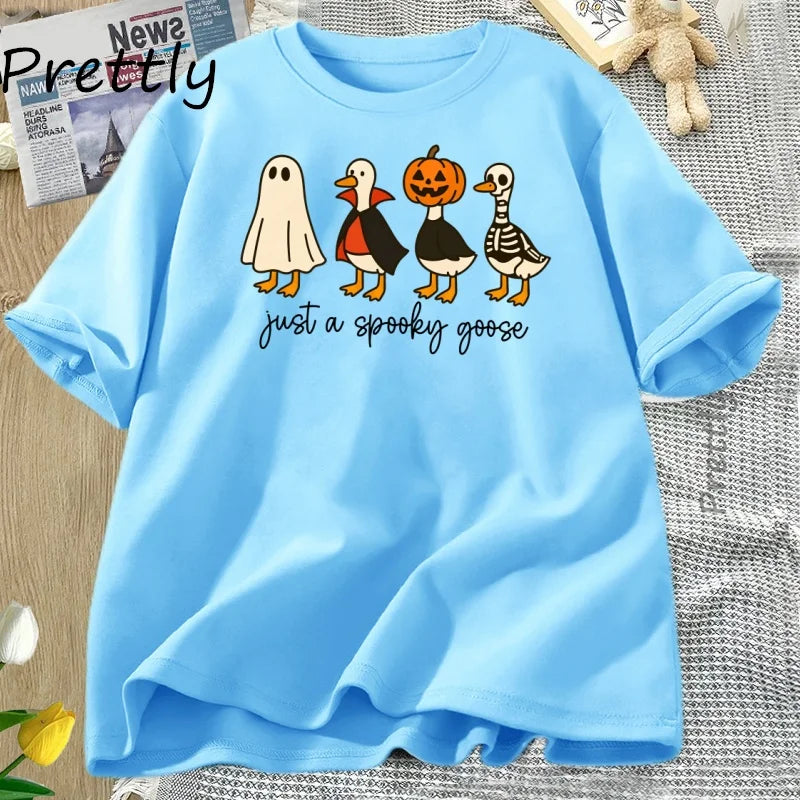 Just A Spooky Goose Tshirt Funny Halloween Goose T-Shirt Cute Horror Short Sleeve Tee Shirt Cotton Short Sleeve Graphic T Shirts