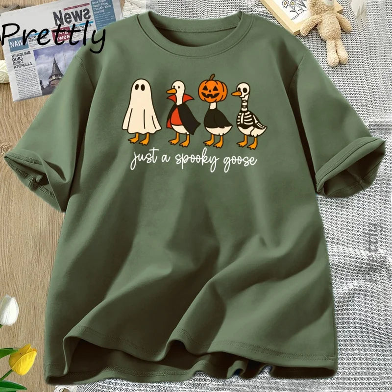 Just A Spooky Goose Tshirt Funny Halloween Goose T-Shirt Cute Horror Short Sleeve Tee Shirt Cotton Short Sleeve Graphic T Shirts