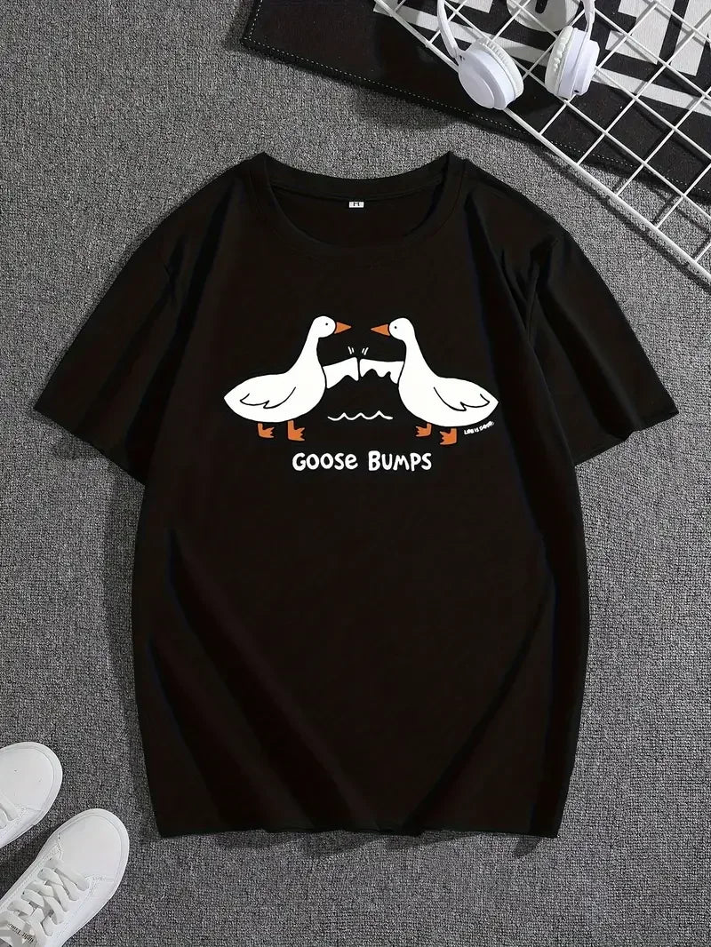 "GOOSE BUMPS" And Cartoon Geese Graphic Print, Men's Novel Design T-shirt, Casual Comfy Tees For Summer, Men's Clothing Tops