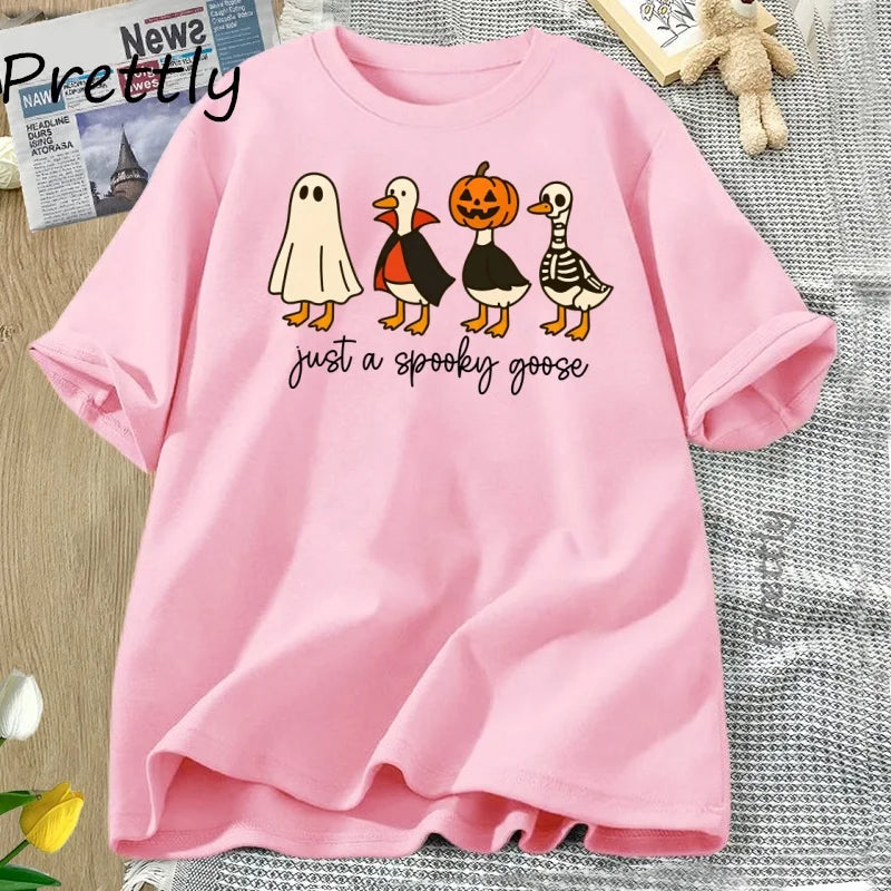 Just A Spooky Goose Tshirt Funny Halloween Goose T-Shirt Cute Horror Short Sleeve Tee Shirt Cotton Short Sleeve Graphic T Shirts