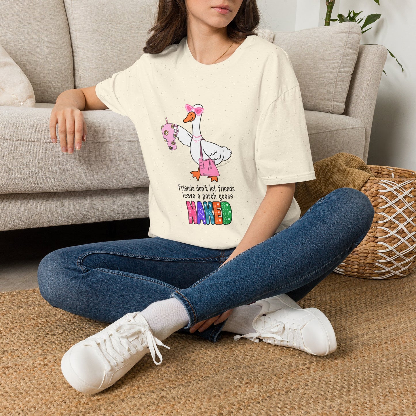 Friends Dont Let Friends Leave a Porch Goose Naked T-Shirt, Funny Porch Goose Shirt, Goose Lover Gift, Retro Colorful Graphic Tee