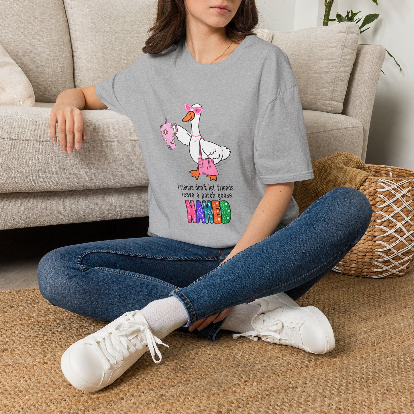 Friends Dont Let Friends Leave a Porch Goose Naked T-Shirt, Funny Porch Goose Shirt, Goose Lover Gift, Retro Colorful Graphic Tee