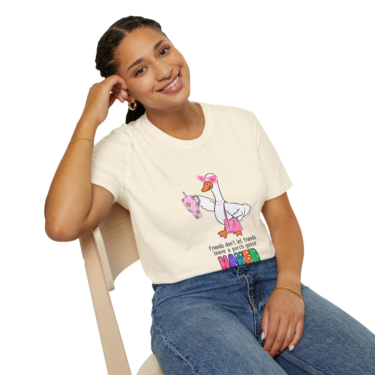 Friends Dont Let Friends Leave a Porch Goose Naked T-Shirt, Funny Porch Goose Shirt, Goose Lover Gift, Retro Colorful Graphic Tee