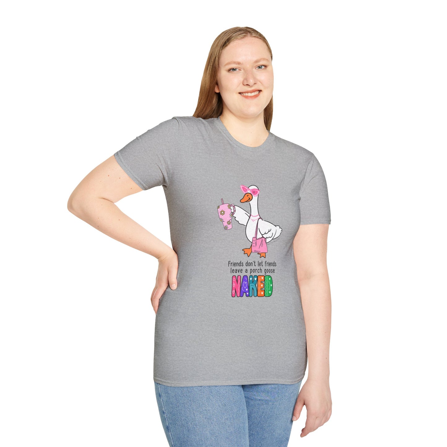 Friends Dont Let Friends Leave a Porch Goose Naked T-Shirt, Funny Porch Goose Shirt, Goose Lover Gift, Retro Colorful Graphic Tee