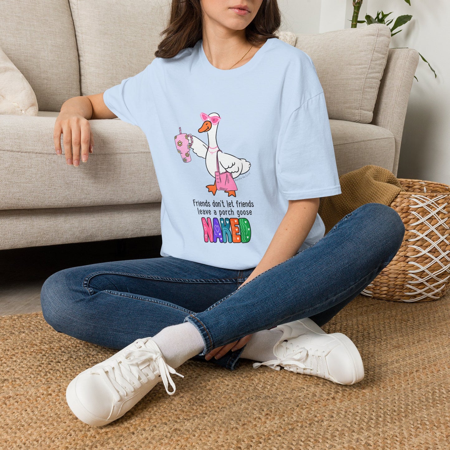 Friends Dont Let Friends Leave a Porch Goose Naked T-Shirt, Funny Porch Goose Shirt, Goose Lover Gift, Retro Colorful Graphic Tee