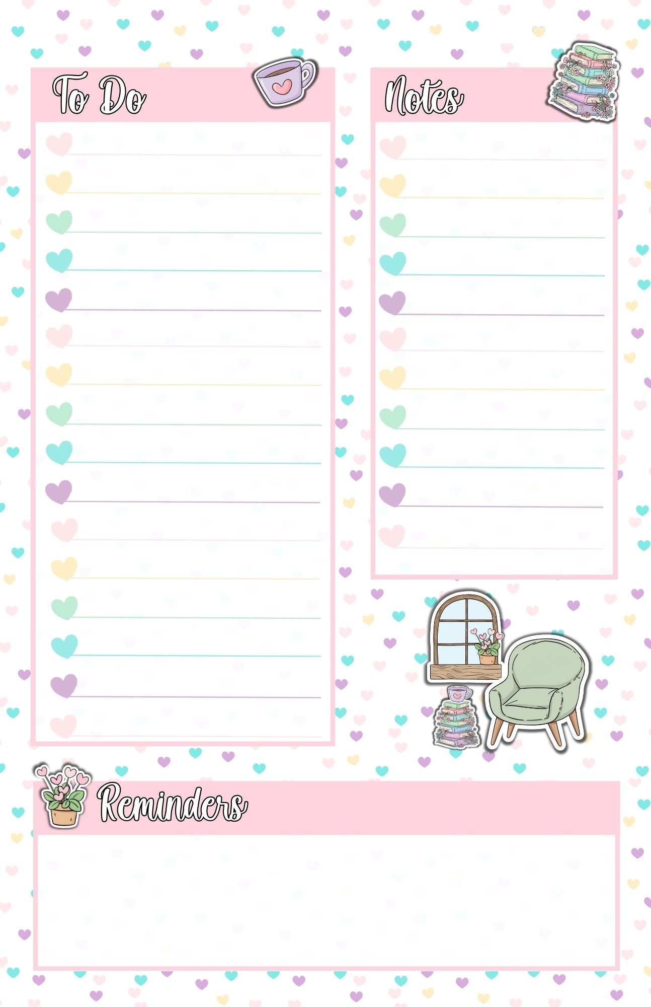 Hearts & Books Digital Planner Set | 3 Pages + Stickers