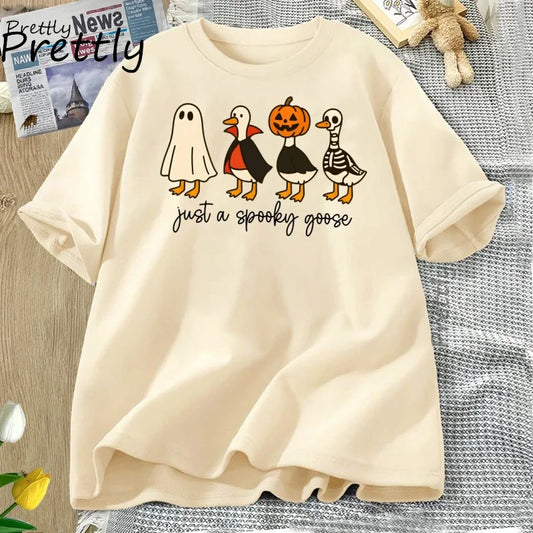 Just A Spooky Goose Tshirt Funny Halloween Goose T-Shirt Cute Horror Short Sleeve Tee Shirt Cotton Short Sleeve Graphic T Shirts