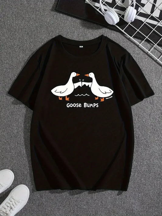 "GOOSE BUMPS" And Cartoon Geese Graphic Print, Men's Novel Design T-shirt, Casual Comfy Tees For Summer, Men's Clothing Tops